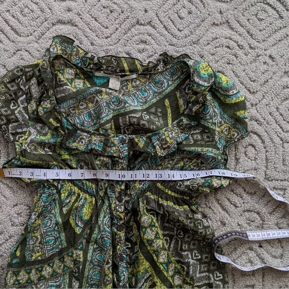 Ruffle cotton silk top abstract print green Large @K1 - Picture 10 of 13
